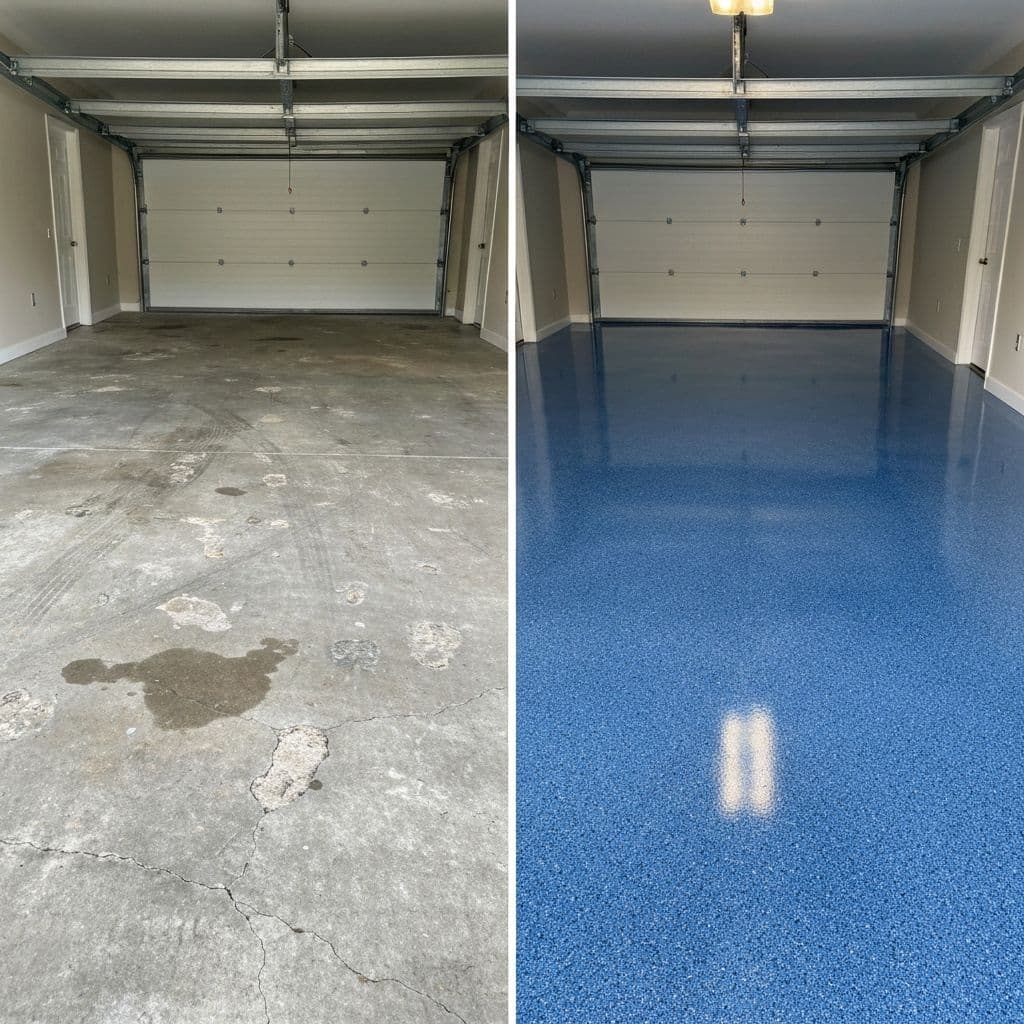 Before and after garage floor epoxy transformation in Broward County