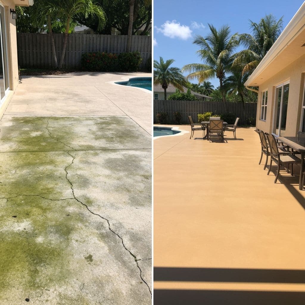 Before and after outdoor patio concrete coating transformation in South Florida