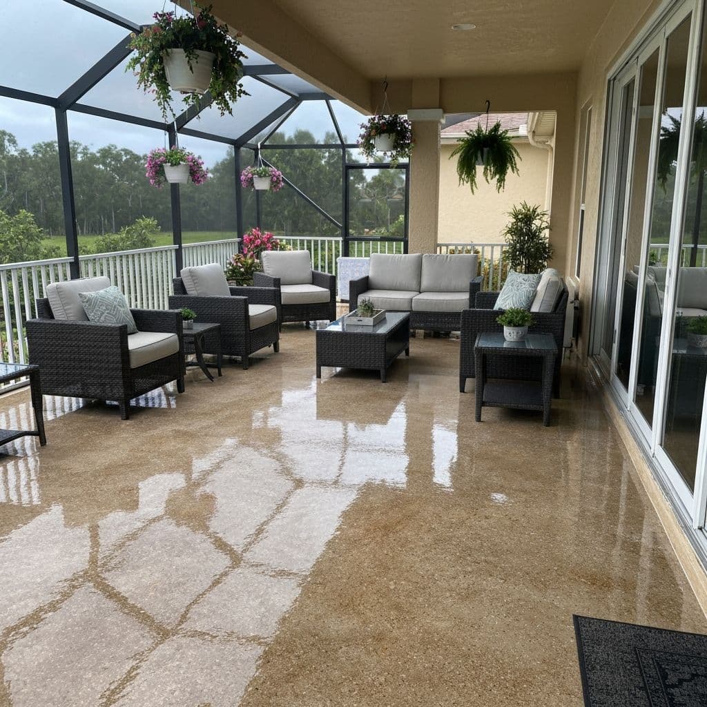 Decorative flake epoxy on a South Florida patio with pool screen in background