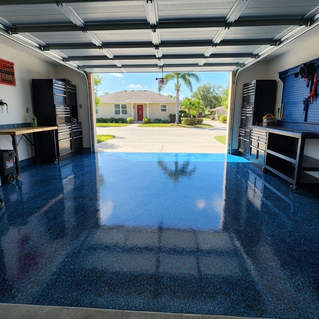 Completed three-car garage with charcoal and blue flake epoxy floor in South Florida