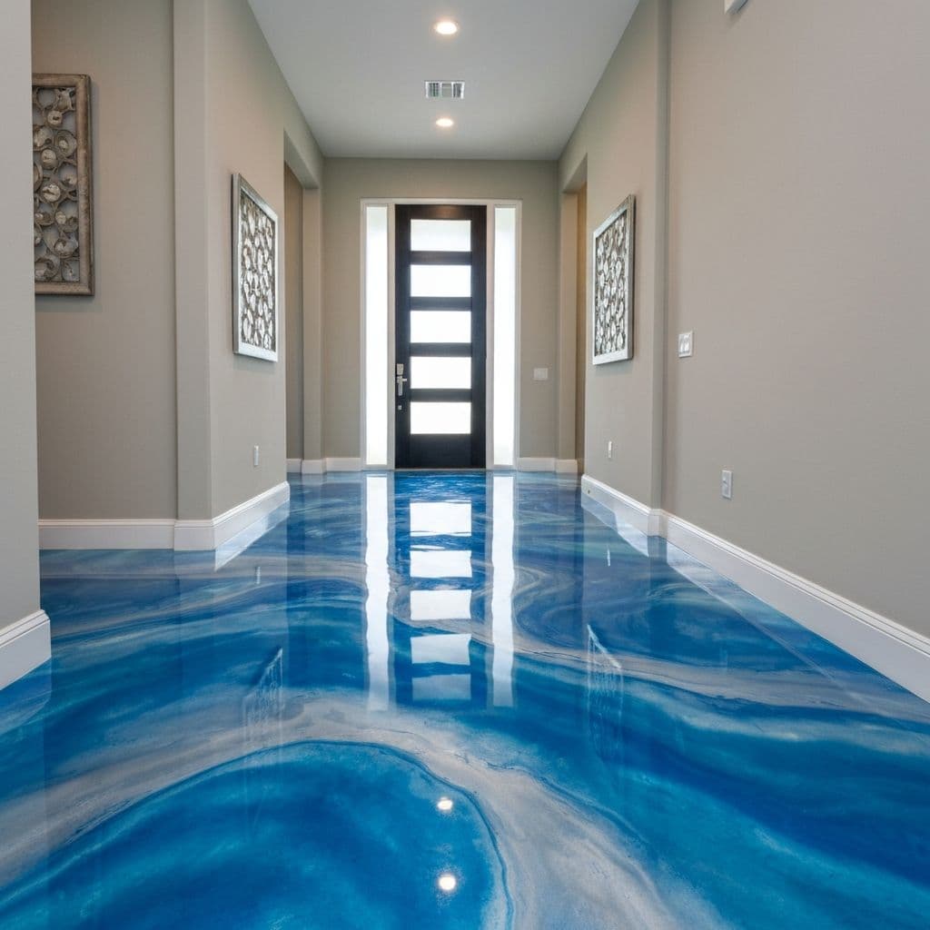Luxury metallic epoxy floor with ocean blue and silver tones in a Florida home entryway